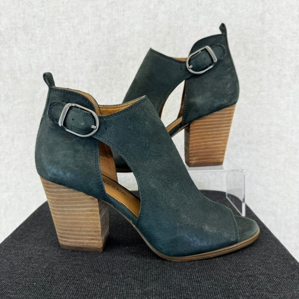 Lucky Brand Oona Womens 8 Green Suede Peep Toe Cutout Block Heel Booties
